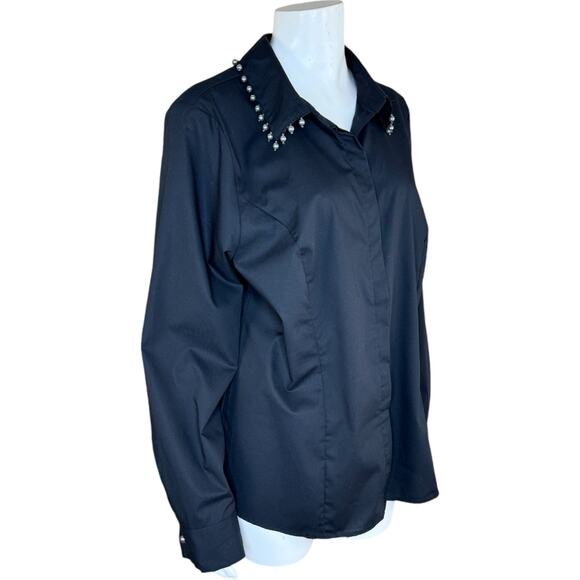 BEAUTIFUL by Lawrence Zarian Hidden Placket Poplin Shirt W/ Pearl Detail Black L - Picture 7 of 14